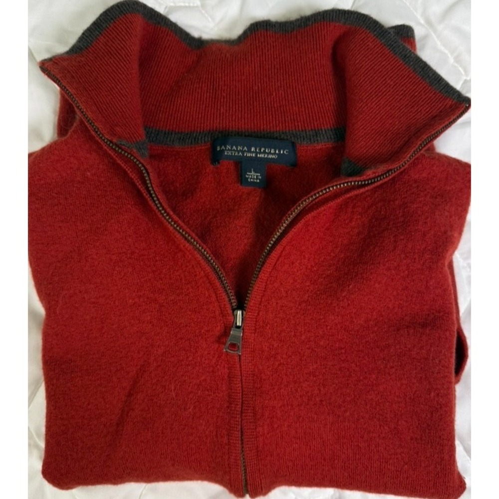 Banana Republic Youth Boys Red Grey Long Sleeve‎ Full Zip Sweater Cardigan Sz. L